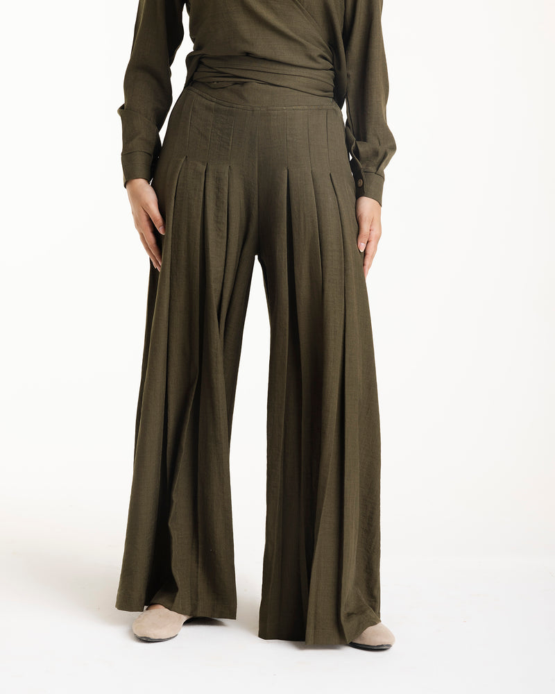 Linen Pleated Jupe Pantalon Olive