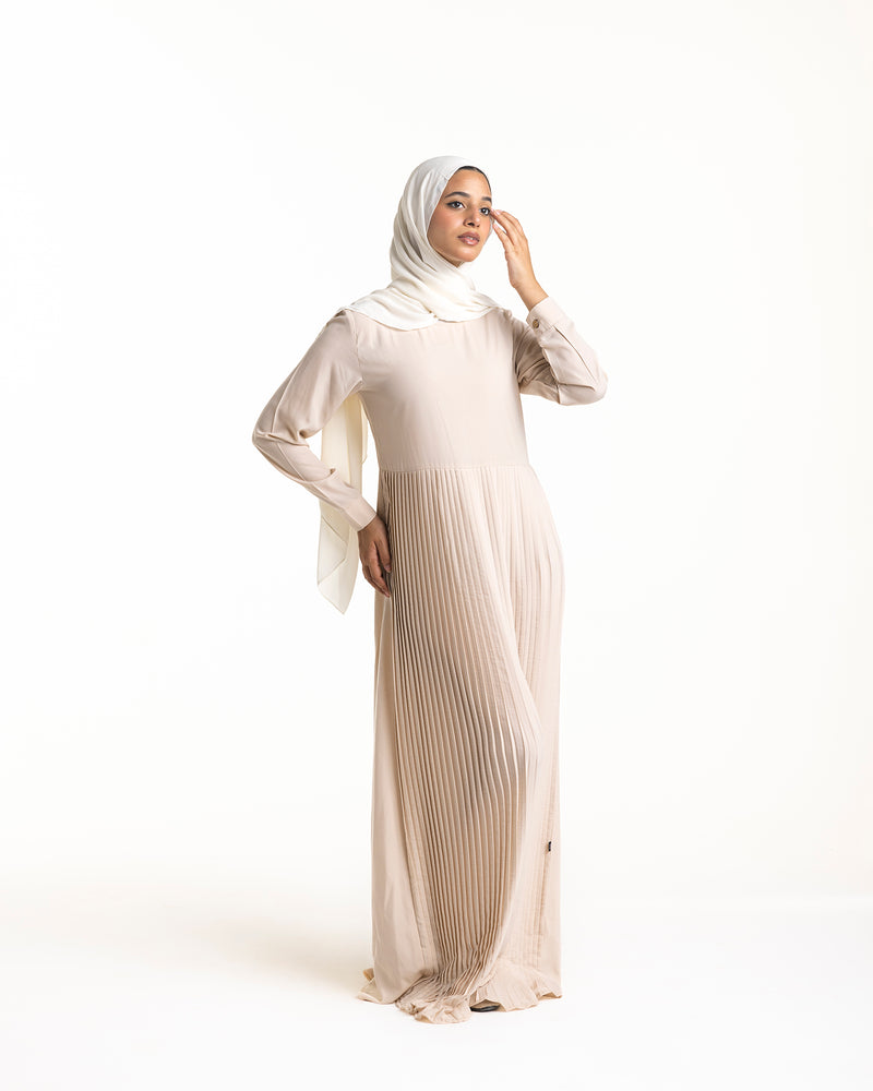 Sleeved Pleated Dress Cream CODE 211