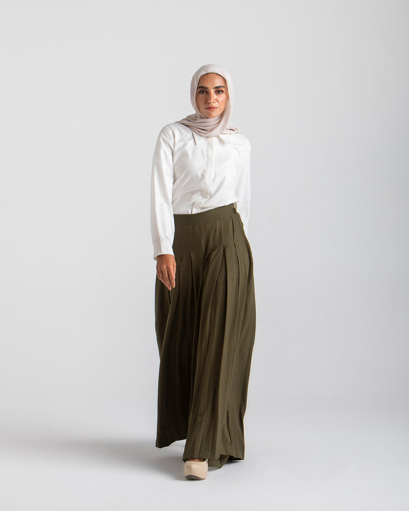 Linen Pleated Jupe Pantalon Olive