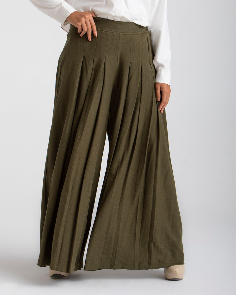 Linen Pleated Jupe Pantalon Olive