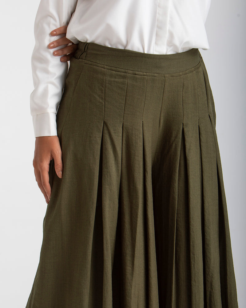 Linen Pleated Jupe Pantalon Olive