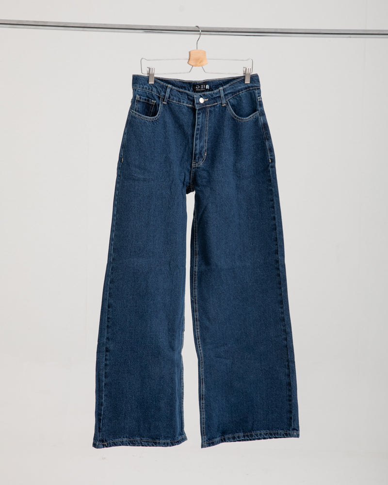 High Waisted Wide Leg Denim Pants Navy