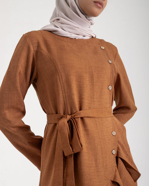 Linen Buttoned Ruffle Dress Rust