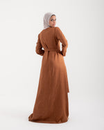 Linen Buttoned Ruffle Dress Rust