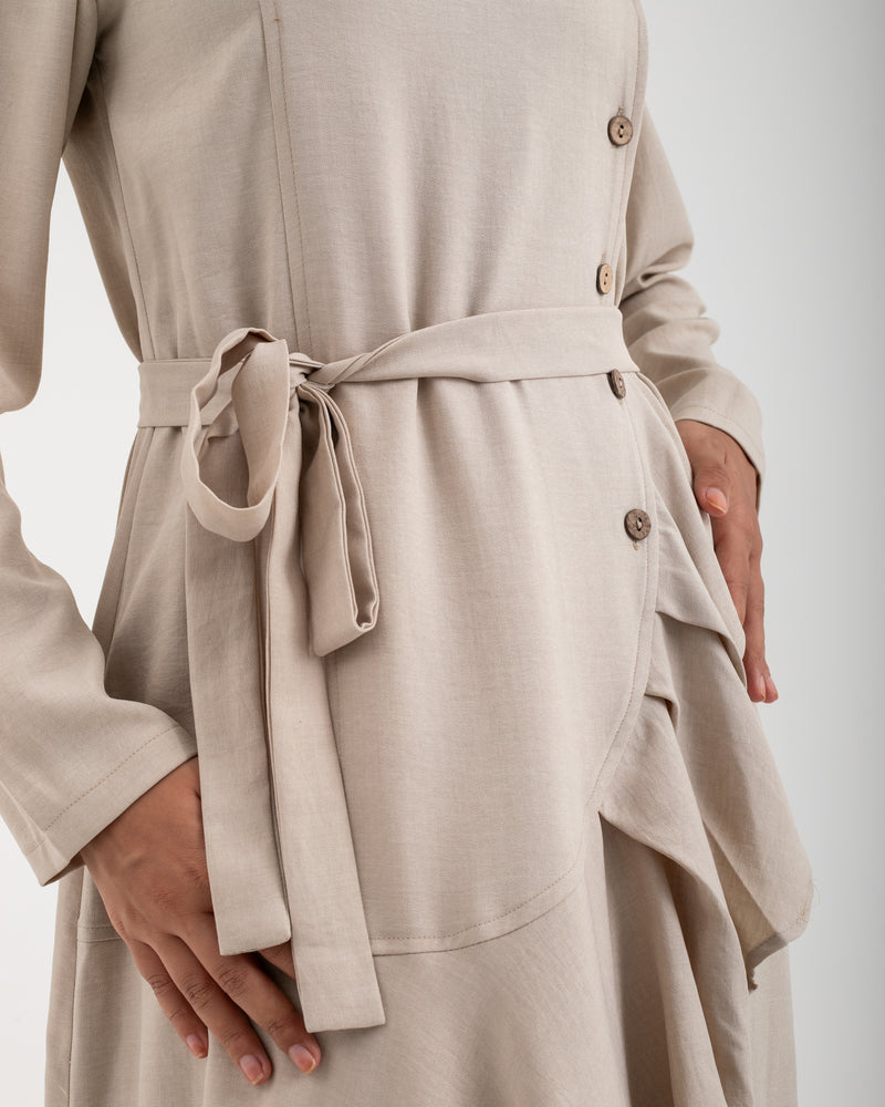 Linen Buttoned Ruffle Dress Light Beige