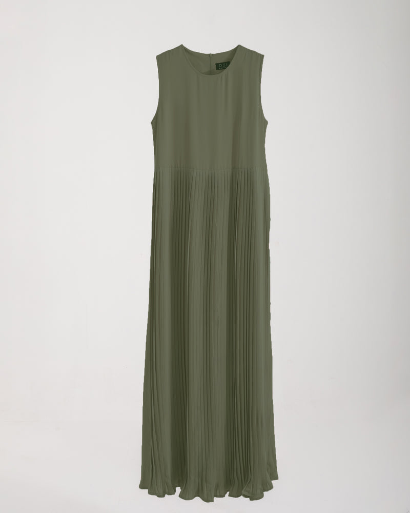 Sleeveless Pleated Dress Olive CODE 202