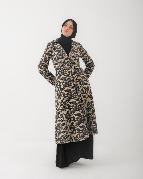 Embroidered Long Coat Dark Beige