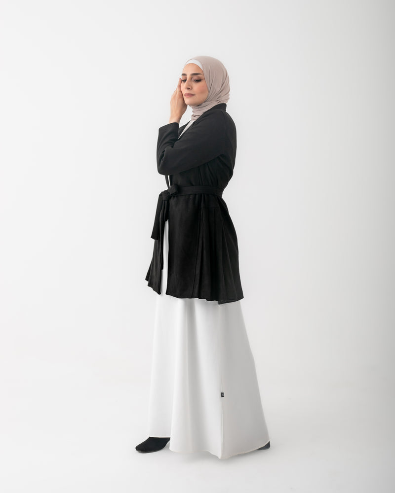 Suede Side Pleated Coat Black