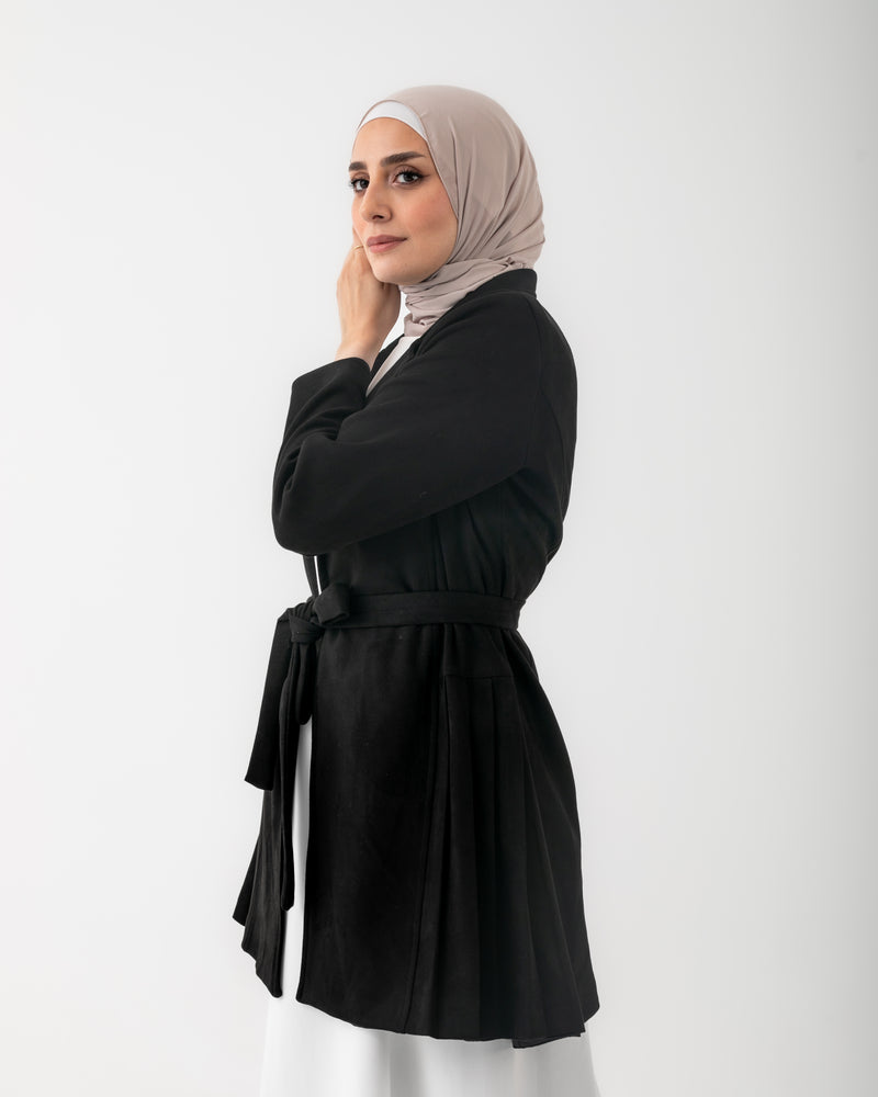 Suede Side Pleated Coat Black