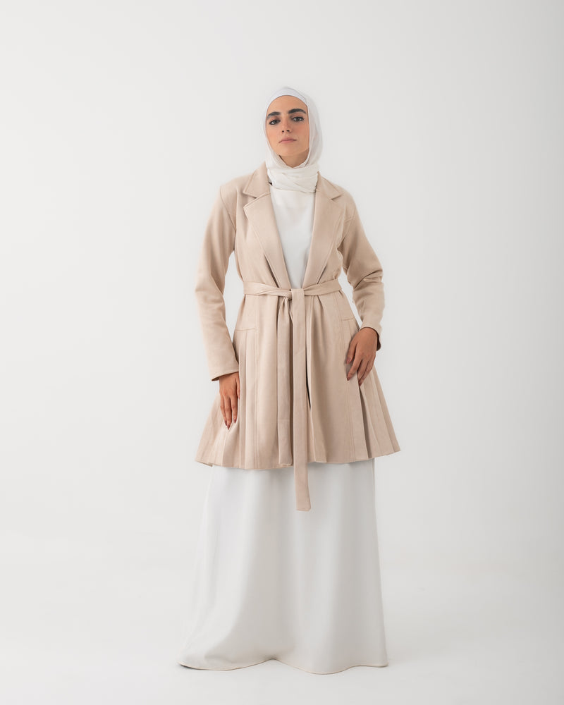 Suede Side Pleated Coat Cream