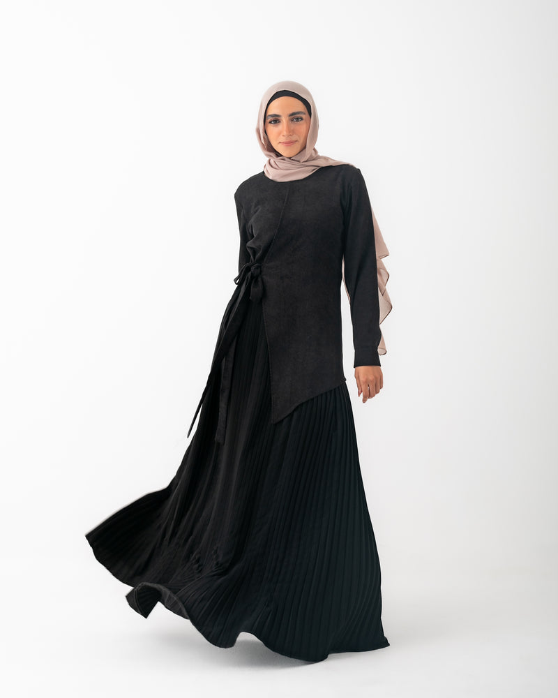 Fall Pleated Abaya Dress Black