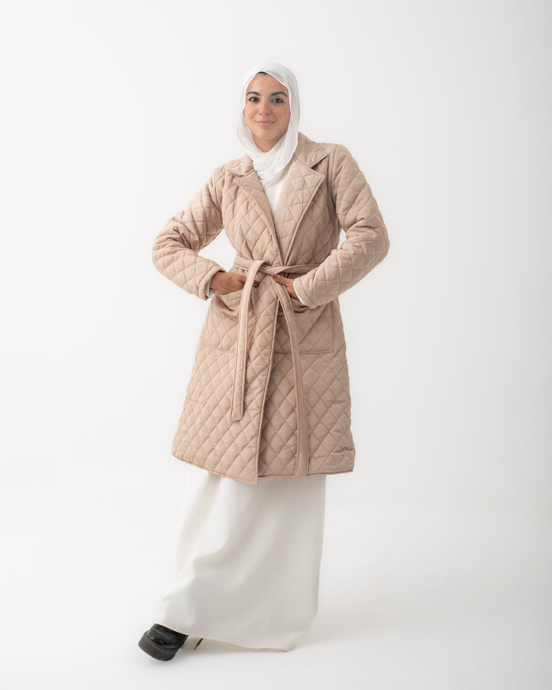 Quilted Long Puffer Coat Beige