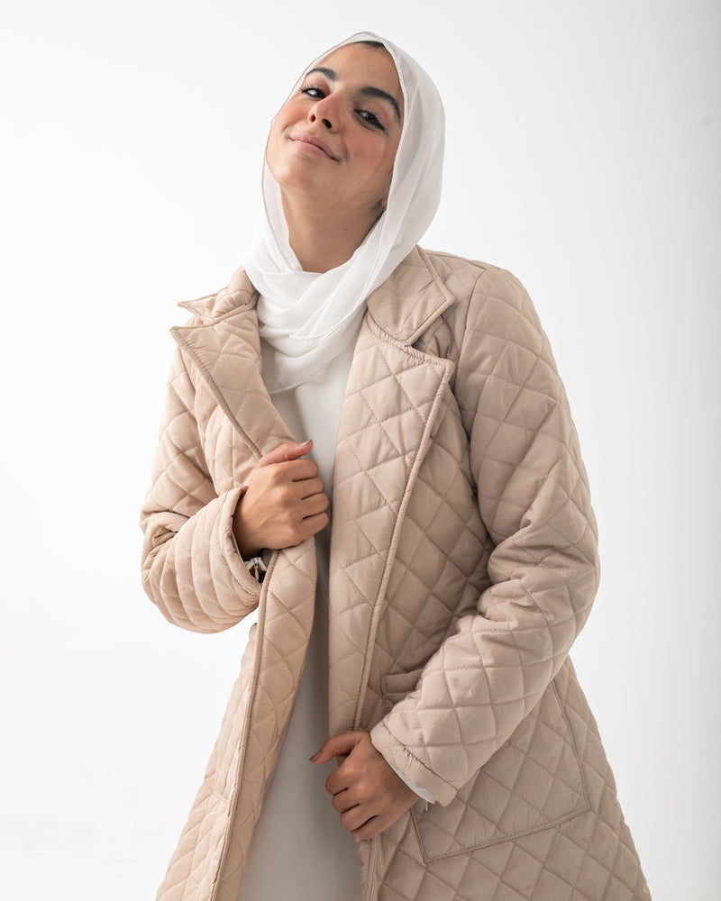 Quilted Long Puffer Coat Beige