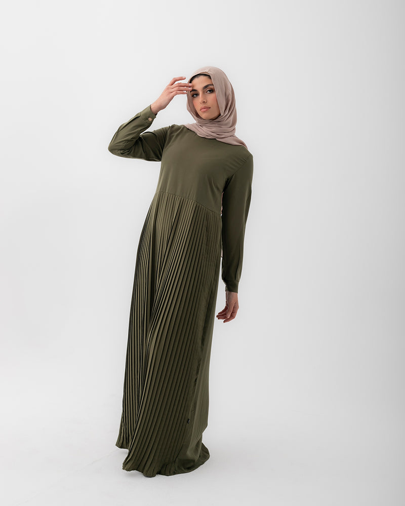 Sleeved Pleated Dress Olive CODE 211