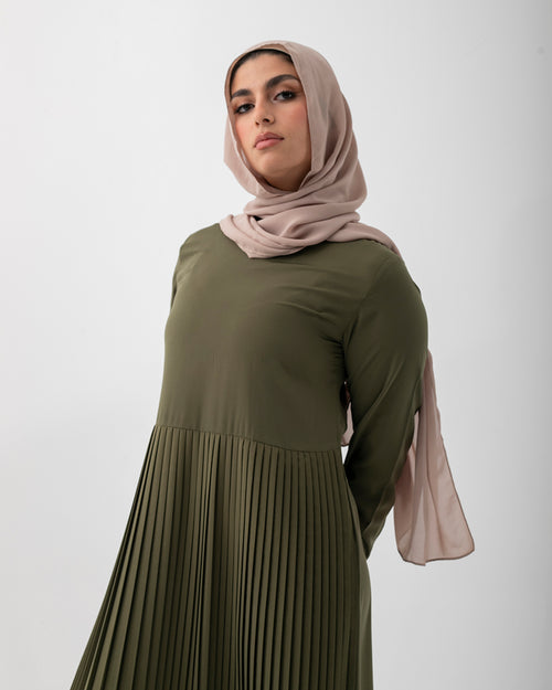 Sleeved Pleated Dress Olive CODE 211