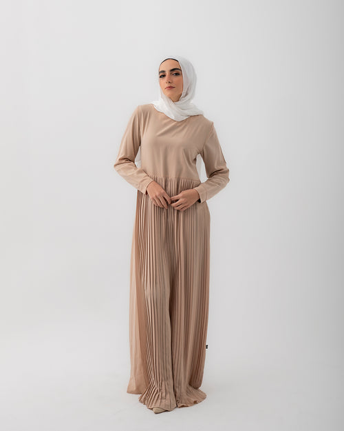 Sleeved Pleated Dress Beige