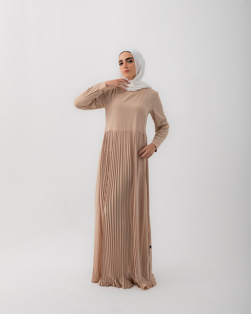 Sleeved Pleated Dress Beige CODE 211