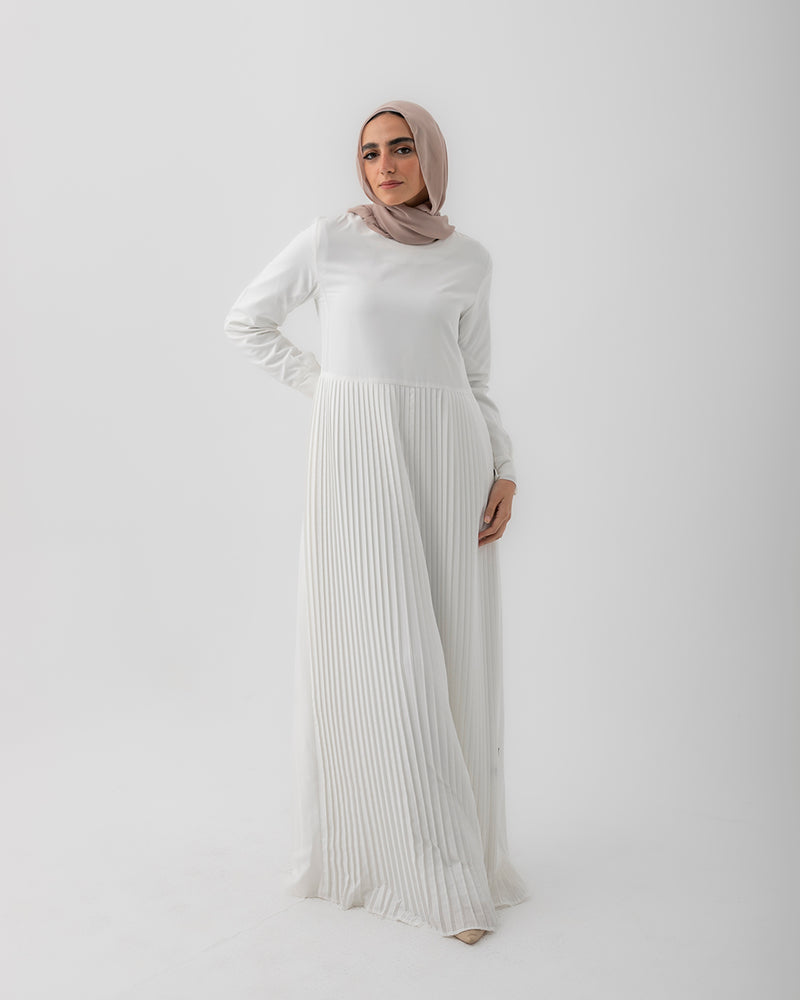 Sleeved Pleated Dress Offwhite