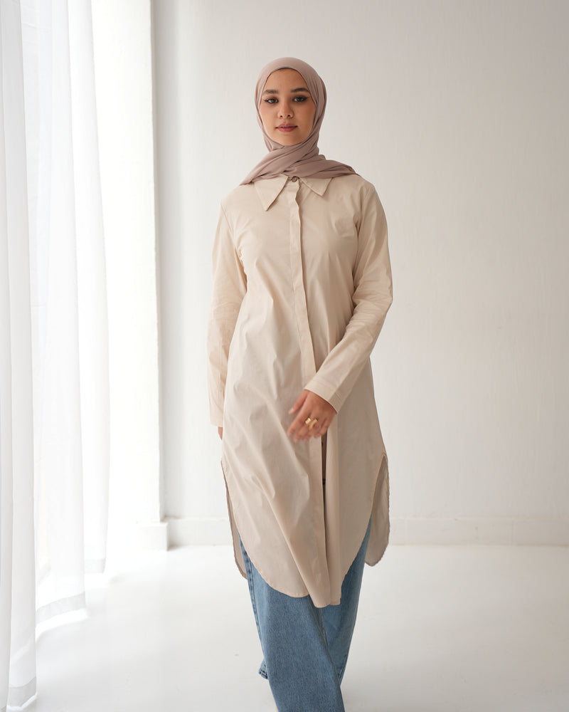 Poplin Long Chemise Beige