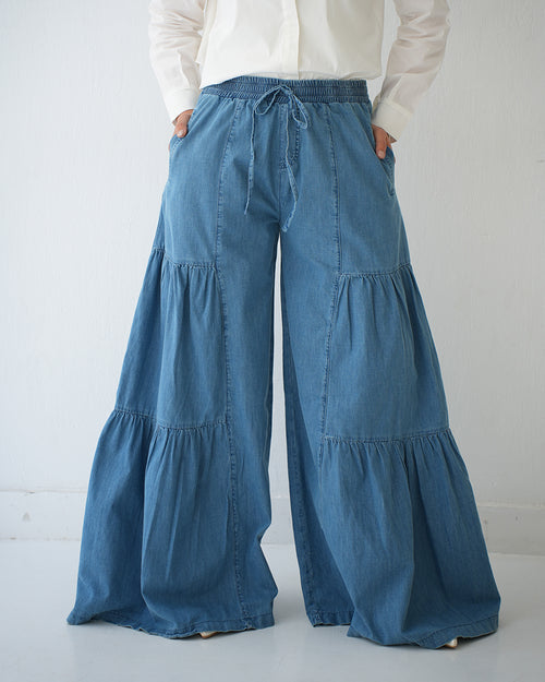 Tiered Wide Leg Denim Pants Blue CODE 1902