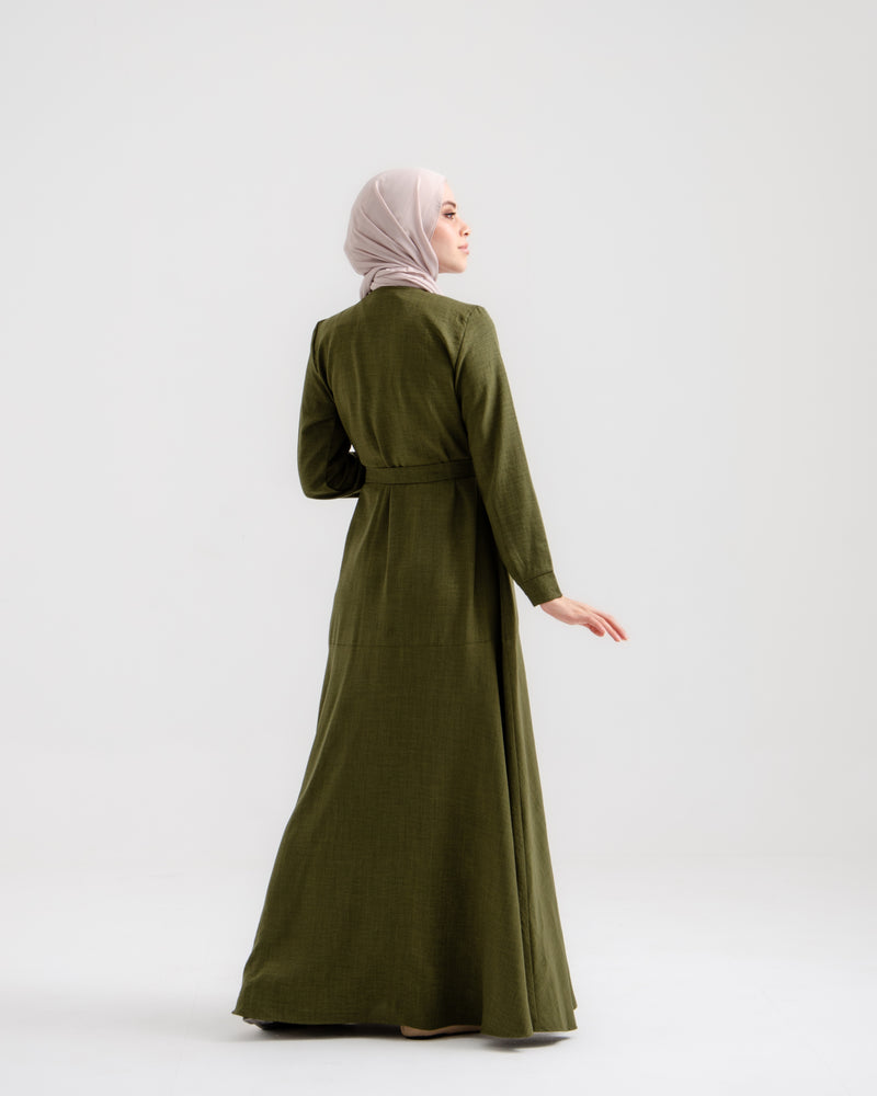 Front Buttoned Linen Dress Olive